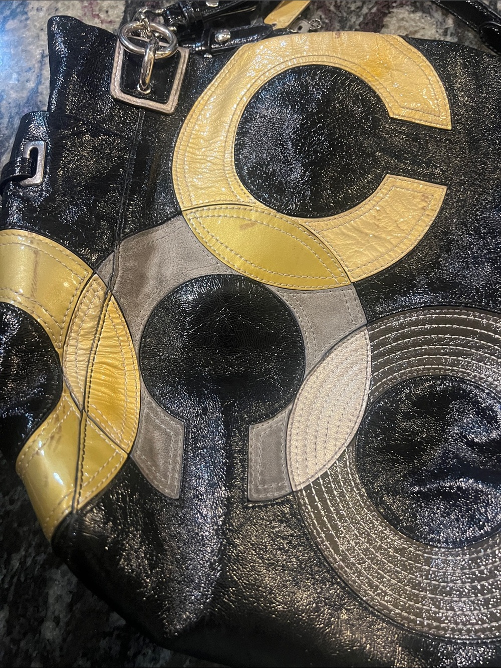 Coach patent leather Black Tote with gold and Gray suede C’s - Picture 4 of 11